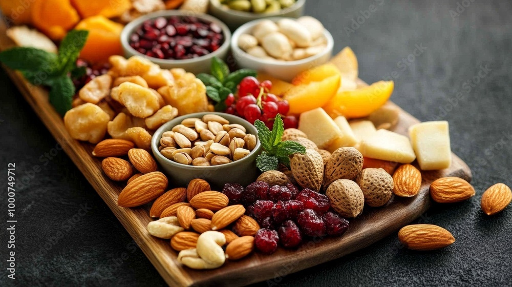 A wooden tray with a variety of nuts and fruits