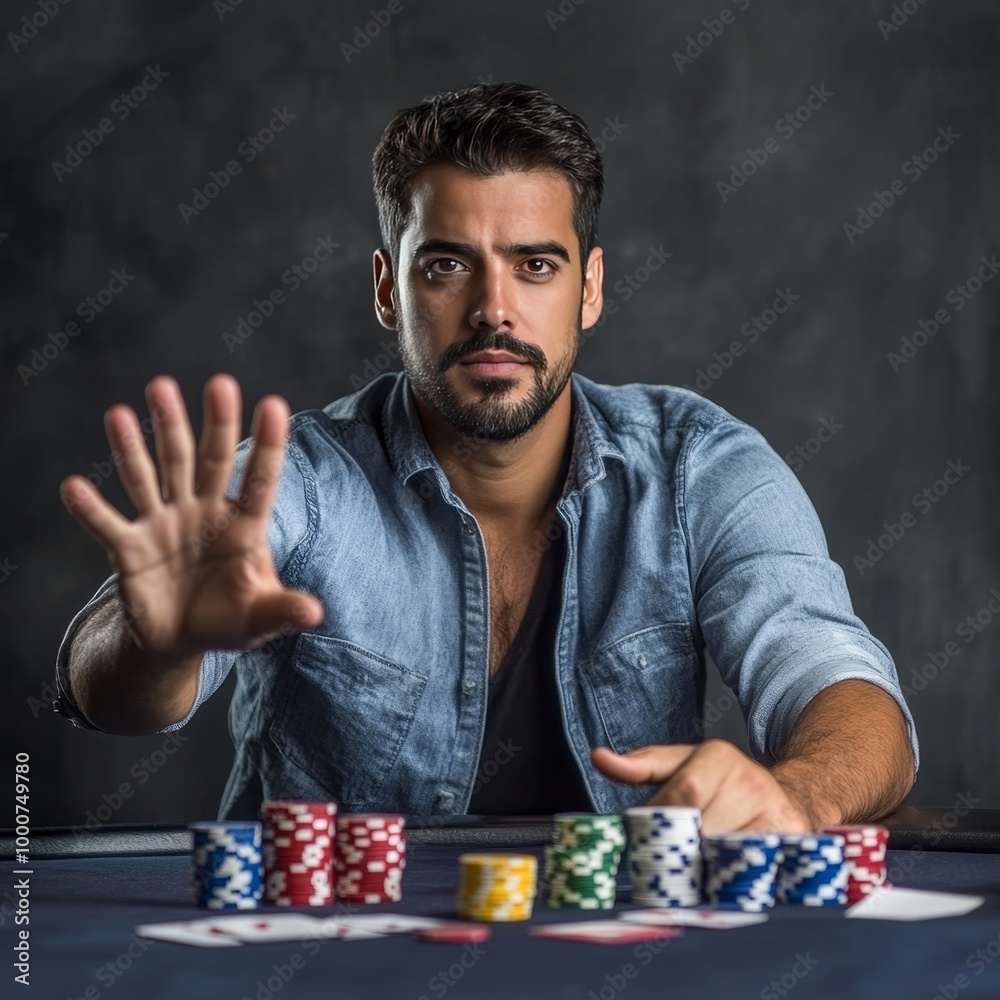 Handsome man playing poker with chips and showing stop hand gesture Handsome man playing poker with chips and showing stop hand gesture