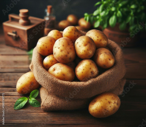 fresh potato in sack wooden background.