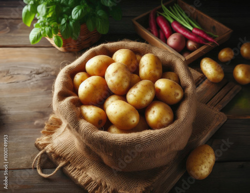 fresh raw potato in a sack wooden floor.