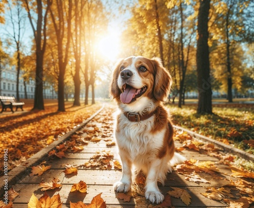 Golden Retriever dog sitting on the floor, autumn season
