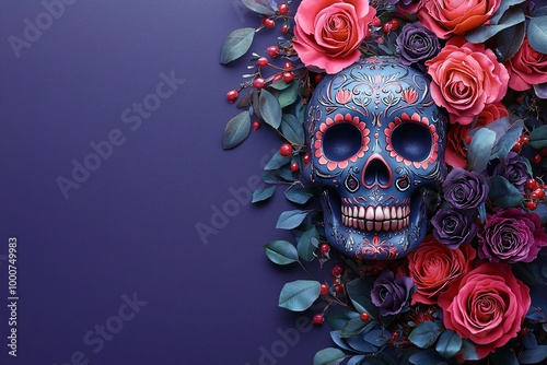 A vibrant sugar skull surrounded by roses and dark foliage, perfect for Day of the Dead celebrations, altars, and themed events.