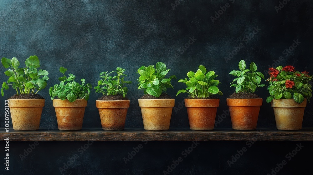 A row of potted plants on a wooden shelf against a dark background. A row of potted plants on a wooden shelf against a dark background.