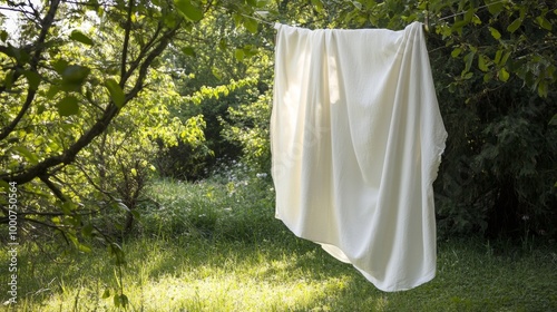 A white blanket is hanging on a tree branch in a lush green field