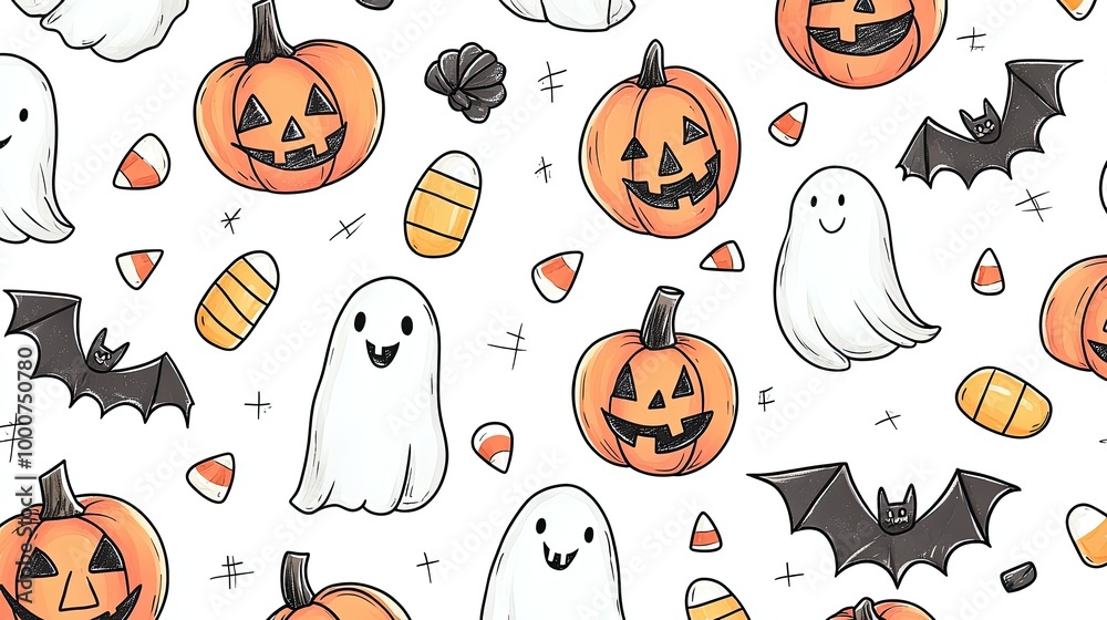 Fototapeta premium A Halloween doodle pattern of smiling pumpkins, playful ghosts, bats, and candy corn, illustrated with lively, hand-drawn lines.