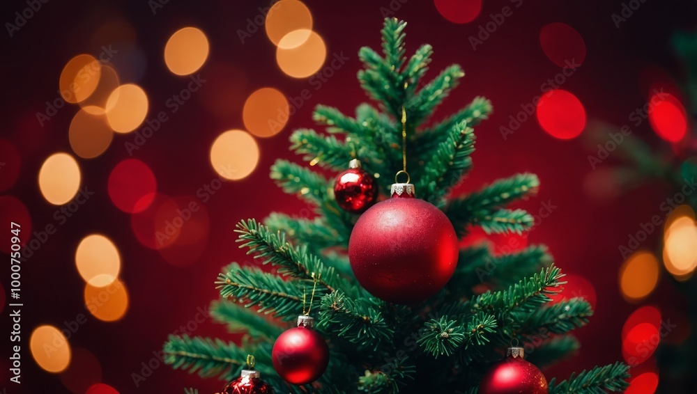 Christmas Tree With Ornament And Bokeh Lights In Red Background Christmas Tree With Ornament And Bokeh Lights In Red Background