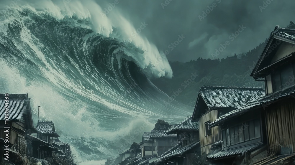 Fototapeta premium Impending Disaster: Coastal Village Facing Tsunami Threat with Towering Waves in Background