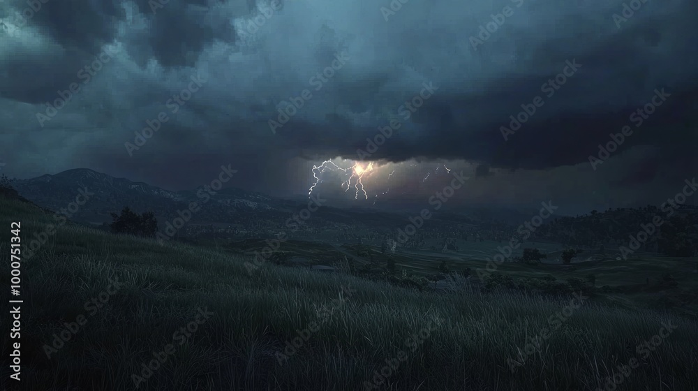 Fototapeta premium Dramatic Lightning Storm Over Dark Landscape - Realistic Weather Photography