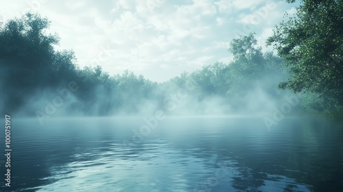 Enigmatic Serenity - A Stunning Capture of Thick Fog Blanketing a Tranquil Lake, Evoking Mystical Vibes