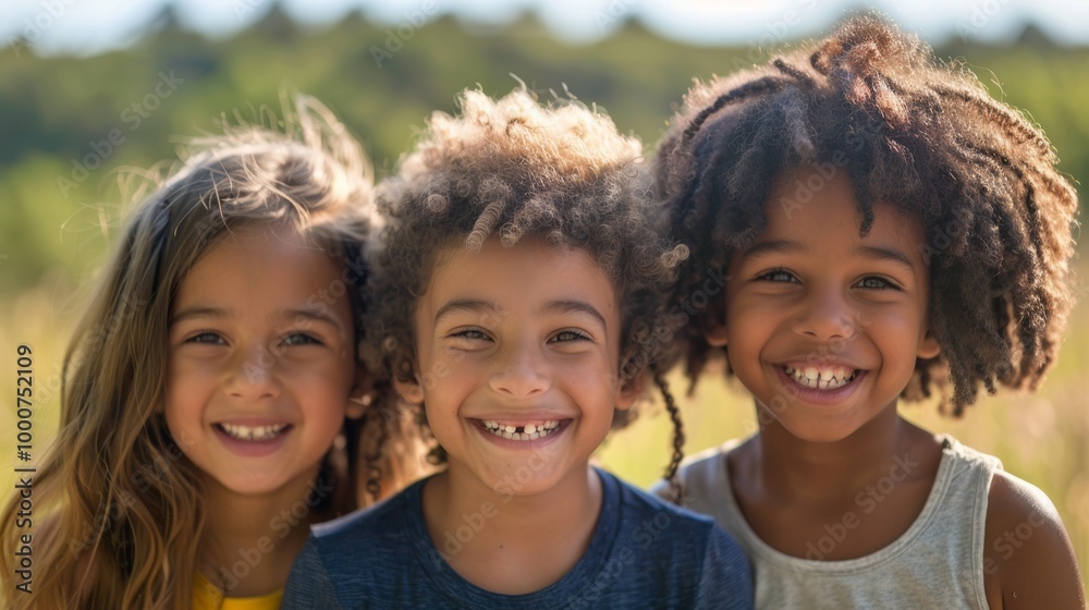 A portrait of three happy kids with different hair textures, smiling brightly A portrait of three happy kids with different hair textures, smiling brightly