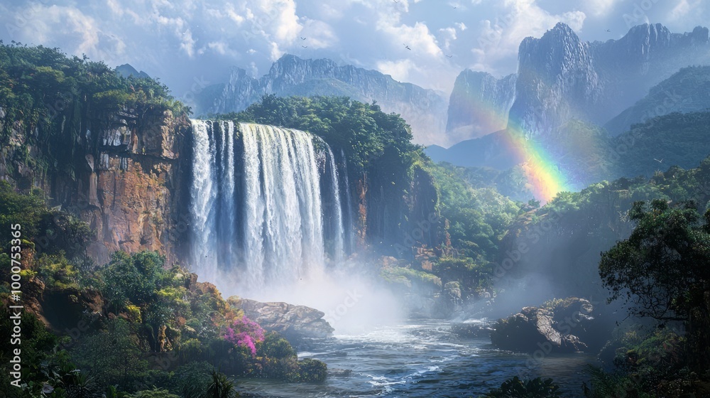 Fototapeta premium Majestic Thunderous Waterfall with Rainbow - Stunning nature background of powerful cascade descending down rocky cliff with mist and colorful rainbow in spray mist.