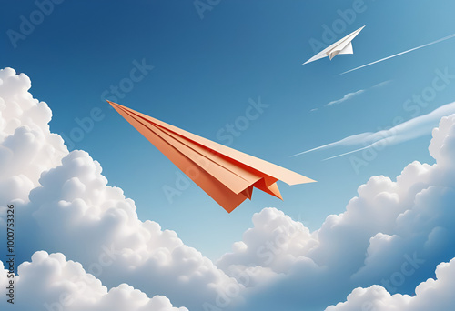 Minimalistic paper airplane in flight against the sky with space to copy