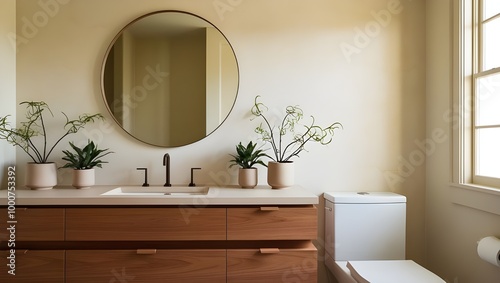 Modern Bathroom Interior with Wooden Design and Green Plants