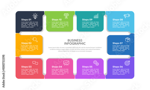 10 Process to success. Infographic square design template. Business presentation, Timeline, Banner, Brochure, Poster and Plan. Vector illustration.