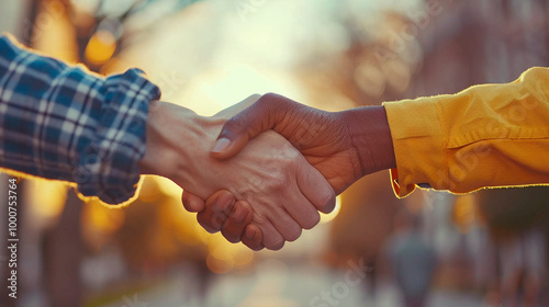A medium close-up of a handshake between two diverse people, showing mutual respect and agreement, symbolizing doing whatâs right.