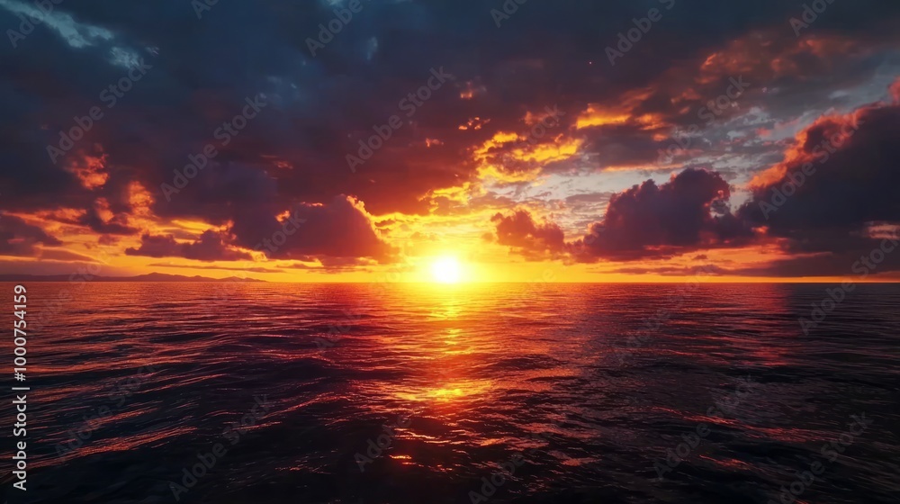 Fototapeta premium Majestic Sunset Over Calm Ocean with Dark Storm Clouds - Serene Seascape with Dramatic Skyline Horizon at Dusk