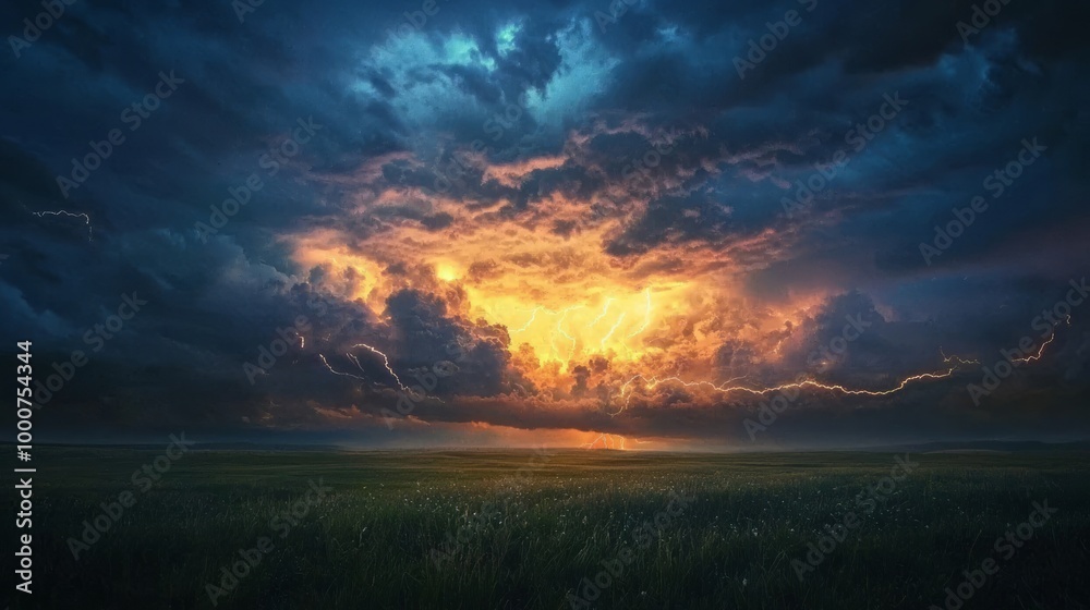 Fototapeta premium Nature's Wrath: Dramatic Realistic Footage of Distant Lightning Storm Lighting up Dark Landscape