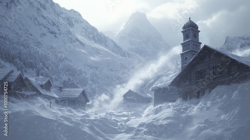 Immersive Capture of a Severe Blizzard Engulfing a Quaint Mountain Village, Snowdrifts Blanketing Buildings