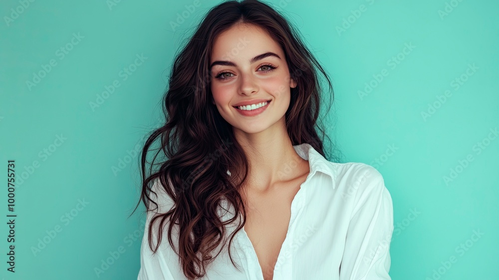 Fototapeta premium Young smiling happy cheerful fun satisfied cool woman she wearing white top shirt casual clothes looking camera isolated on plain pastel light blue cyan background studio portrait. generative ai