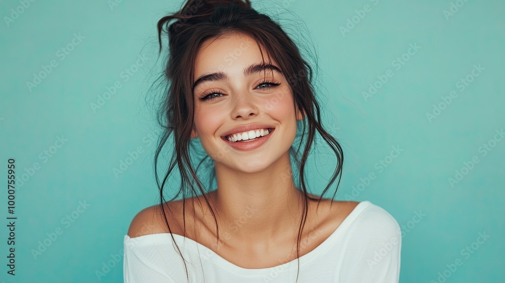 Young smiling happy cheerful fun satisfied cool woman she wearing white top shirt casual clothes looking camera isolated on plain pastel light blue cyan background studio portrait. generative ai Young smiling happy cheerful fun satisfied cool woman she wearing white top shirt casual clothes looking camera isolated on plain pastel light blue cyan background studio portrait. generative ai