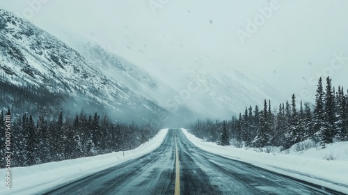 Harsh Beauty: Dramatic Mountain Pass in Winter Storm with Swirling Snow and Minimal Visibility