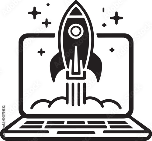 Minimalist rocket icon, laptop computer, black and white line drawing, simple geometric shapes, modern tech logo, startup concept, digital illustration, vector graphics, clean design.