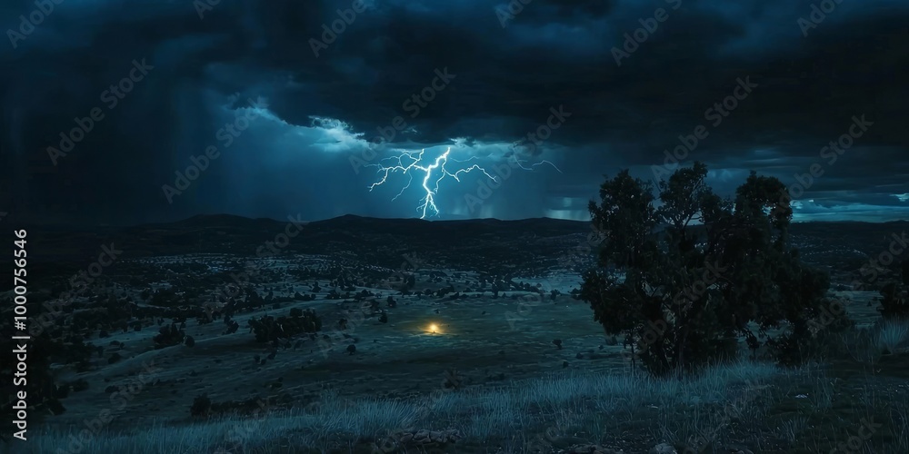 Fototapeta premium Electrifying Nature: Dramatic Ultra-Realistic Footage of Distant Lightning Storm Illuminating Darkened Landscape with Light Flashes