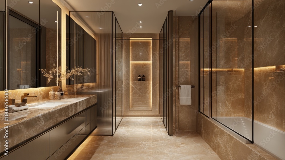 A large bathroom with a marble countertop and a glass shower door A large bathroom with a marble countertop and a glass shower door