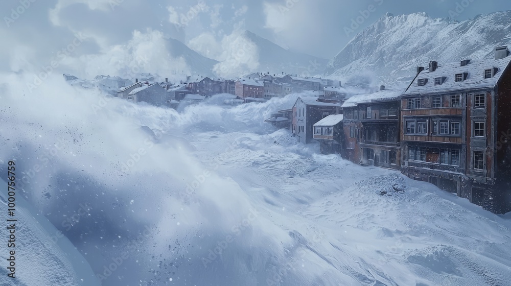 Winter's Wrath: Dramatic Image of a Blizzard Engulfing a Tiny Mountain Village, Snowdrifts Collecting Around Structures Winter's Wrath: Dramatic Image of a Blizzard Engulfing a Tiny Mountain Village, Snowdrifts Collecting Around Structures
