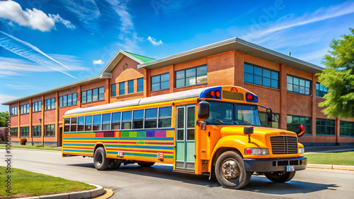 School Bus in Front of Elementary School