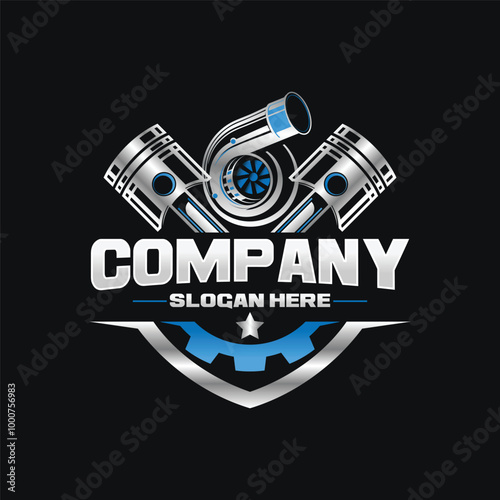 3d vector logo combines a piston with a luxurious turbo charger for the automotive and repair industry
