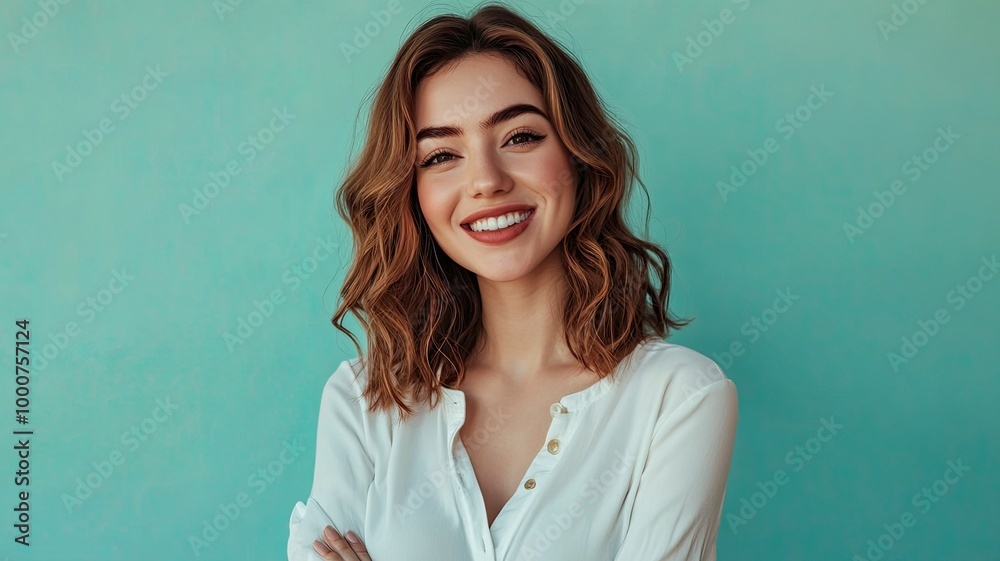 Obraz premium Young smiling happy cheerful fun satisfied cool woman she wearing white top shirt casual clothes looking camera isolated on plain pastel light blue cyan background studio portrait. generative ai