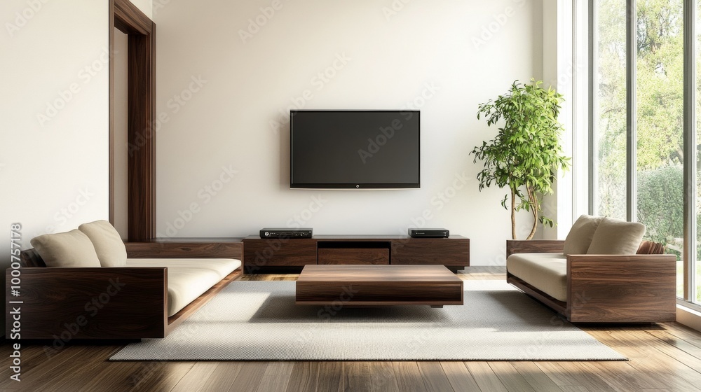 A living room with a large flat screen TV and a potted plant A living room with a large flat screen TV and a potted plant