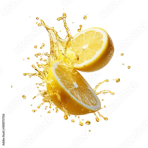 Vibrant sliced lemon splashing yellow juice, isolated on black background. Fresh, juicy, and energetic citrus fruit image.