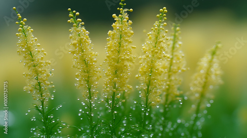 Delicate yellow flowers glistening with raindrops in a lush green field during early morning light