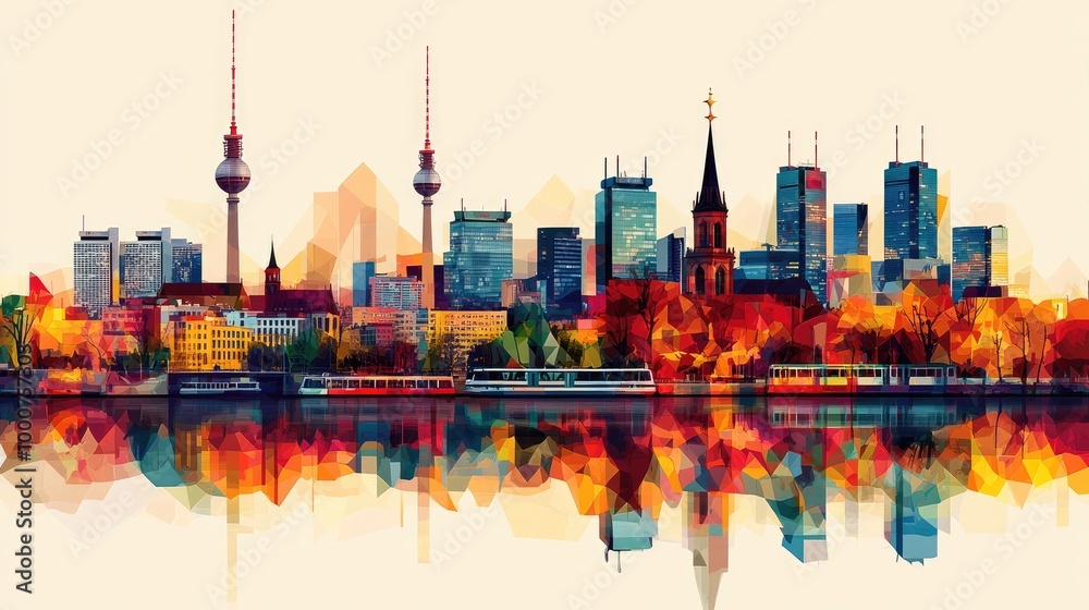 Obraz premium Urban skyline with train on bridge at sunset, vibrant.