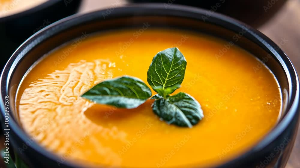 A bowl of creamy pumpkin soup, garnished with fresh basil leaves, is ready to be enjoyed A bowl of creamy pumpkin soup, garnished with fresh basil leaves, is ready to be enjoyed