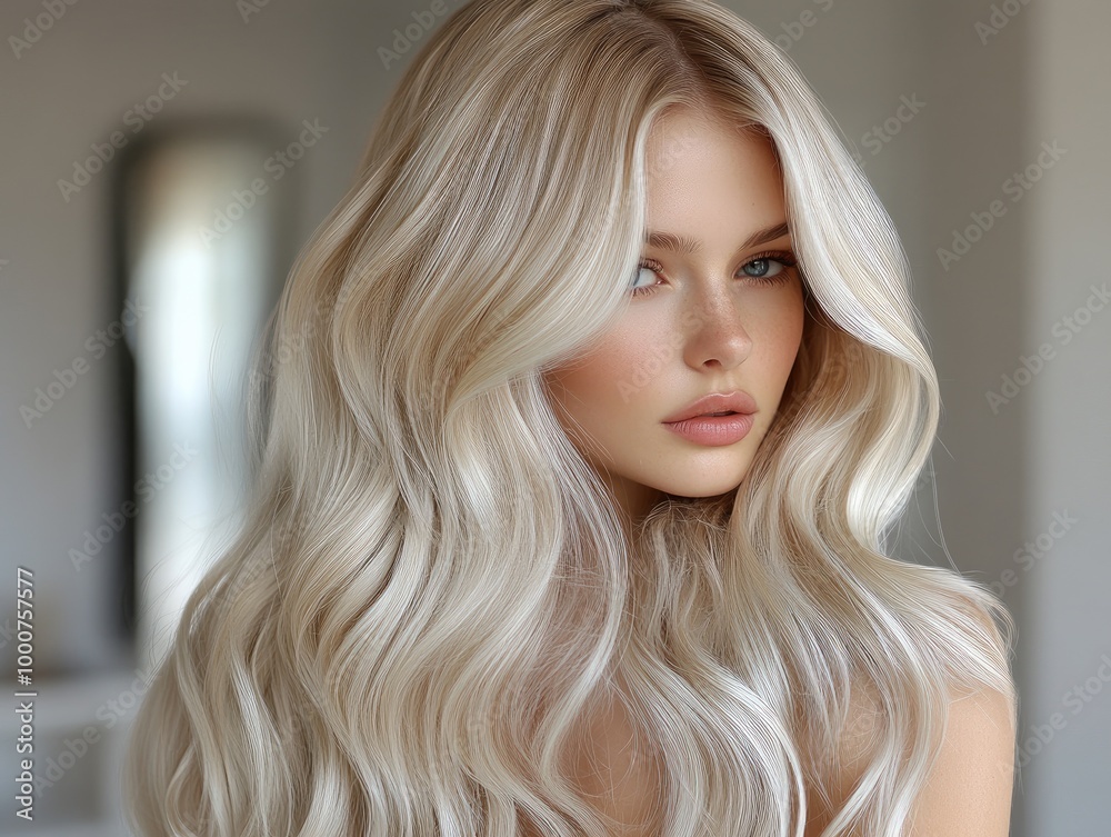 Naklejka premium Blonde woman posing with long and shiny wavy hair