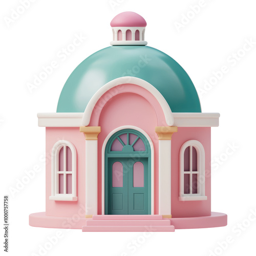 Colorful 3D dome-shaped house illustration featuring a pink and teal color palette with a rounded roof and elegant details. Suitable for creative concepts. Isolated on transparent background, png. photo