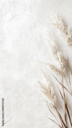 A single sprig of dried pampas grass, with delicate white plumes, creates a minimalist, elegant design against a textured white background.