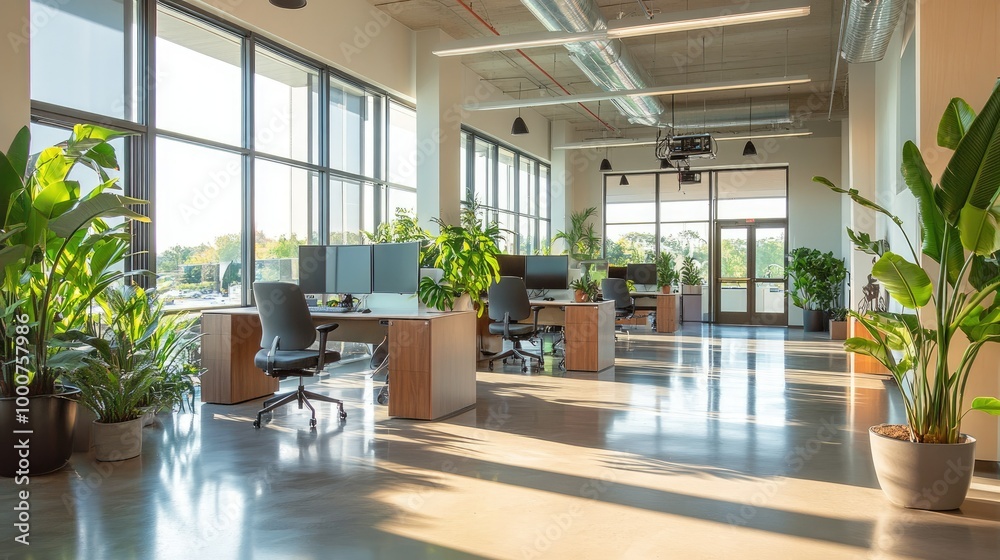 Professional office featuring ergonomic seating, minimalist high-tech desks, and large glass windows. Potted plants add a calming, fresh touch. Professional office featuring ergonomic seating, minimalist high-tech desks, and large glass windows. Potted plants add a calming, fresh touch.