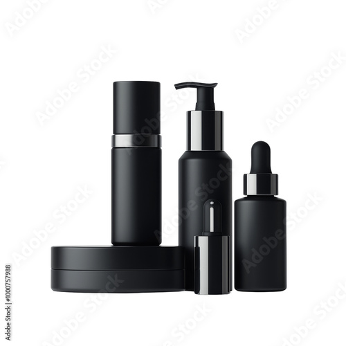 Elegant black cosmetic bottles collection for skincare and beauty products. Minimalistic packaging design, suitable for branding and advertising.