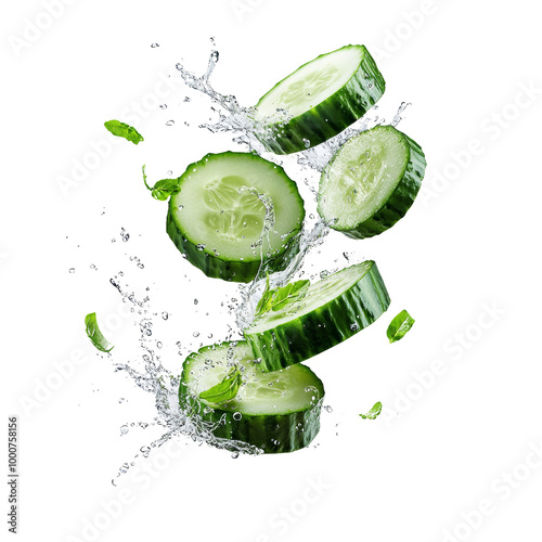 Fresh cucumber slices splashing in water, isolated on white background. Perfect for healthy eating, hydration, and freshness concepts.