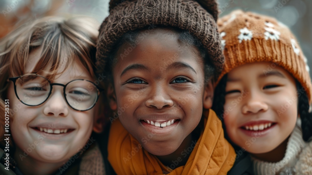 A portrait of three happy kids from different backgrounds, smiling brightly A portrait of three happy kids from different backgrounds, smiling brightly