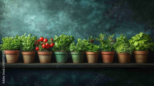 A variety of herbs and tomatoes in pots on a shelf.