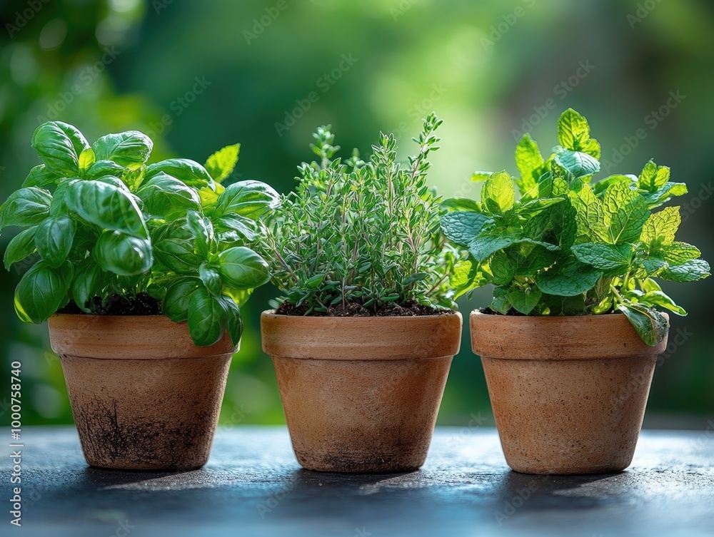 Fresh herbs growing in terracotta pots on a sunny day Fresh herbs growing in terracotta pots on a sunny day