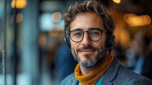 Portrait of a Confident Businessman Wearing Glasses and a Headset