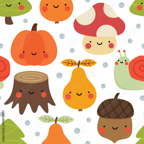 kawaii face fruit and vegetable seamless pattern, background vector