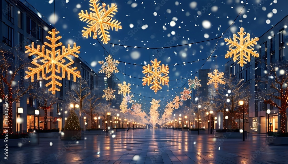 A serene winter street adorned with glowing snowflake decorations, creating a magical atmosphere amidst gently falling snow. A serene winter street adorned with glowing snowflake decorations, creating a magical atmosphere amidst gently falling snow.