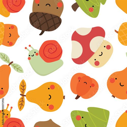 kawaii face fruit and vegetable seamless pattern, background vector